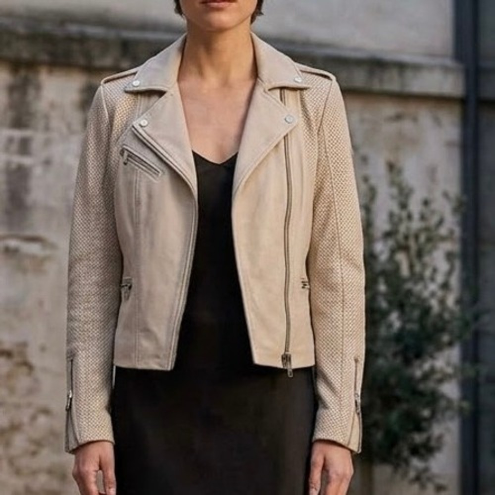 Mauritius Moto Jacket Perforated Lamb Leather Cream Beige Womens 4 XS